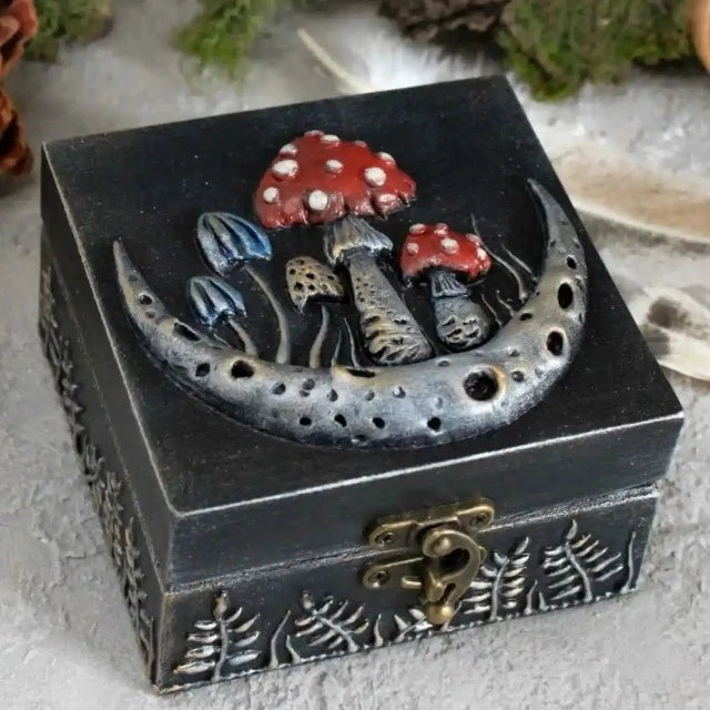 crescent moon and fly agaric wooden witches box close up view