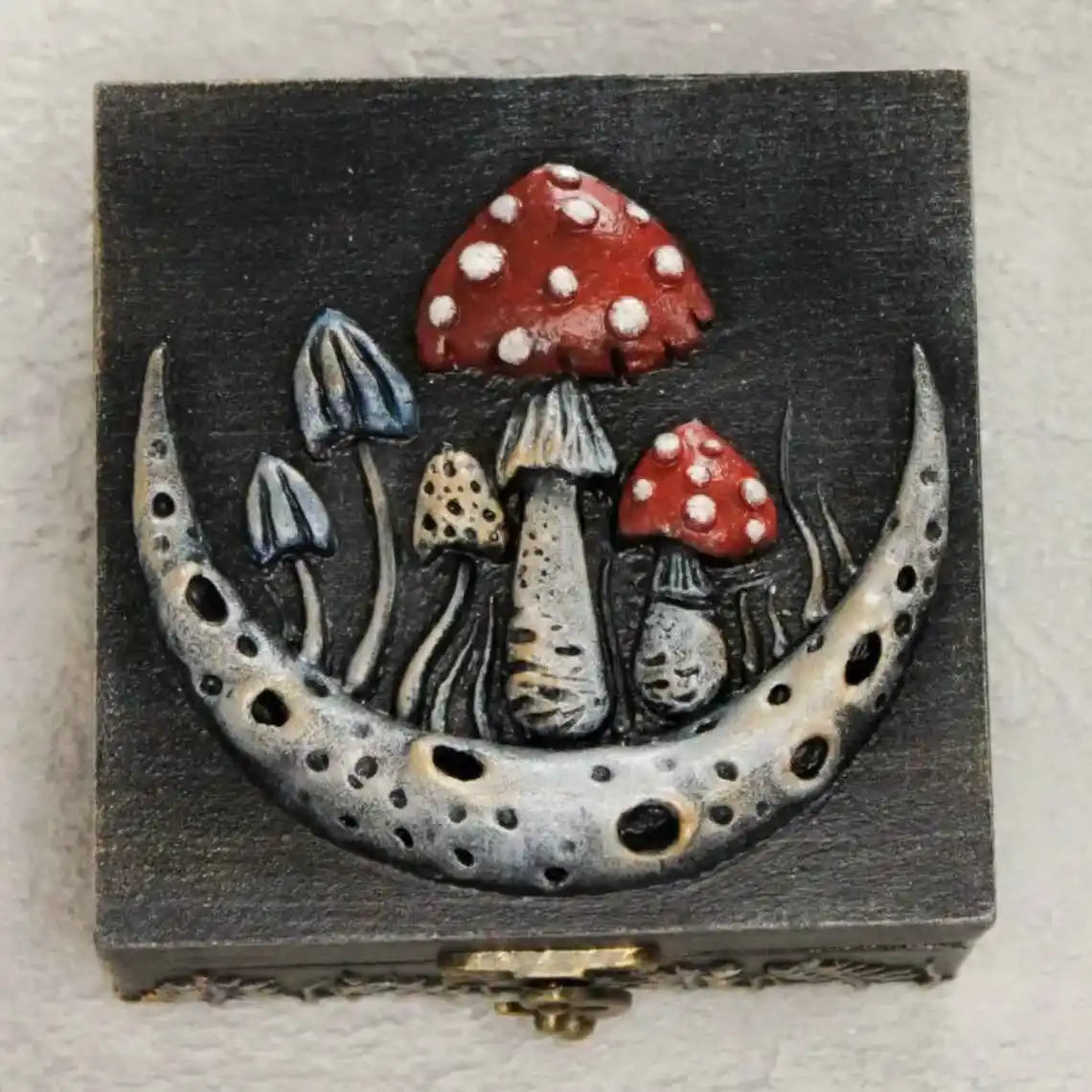 crescent moon and fly agaric wooden witches box top view