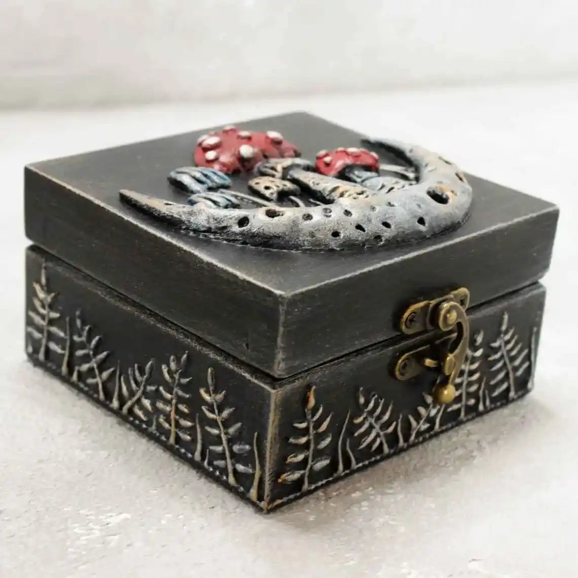 crescent moon and fly agaric wooden witches box side view