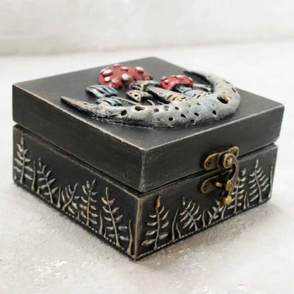 crescent moon and fly agaric wooden witches box side view