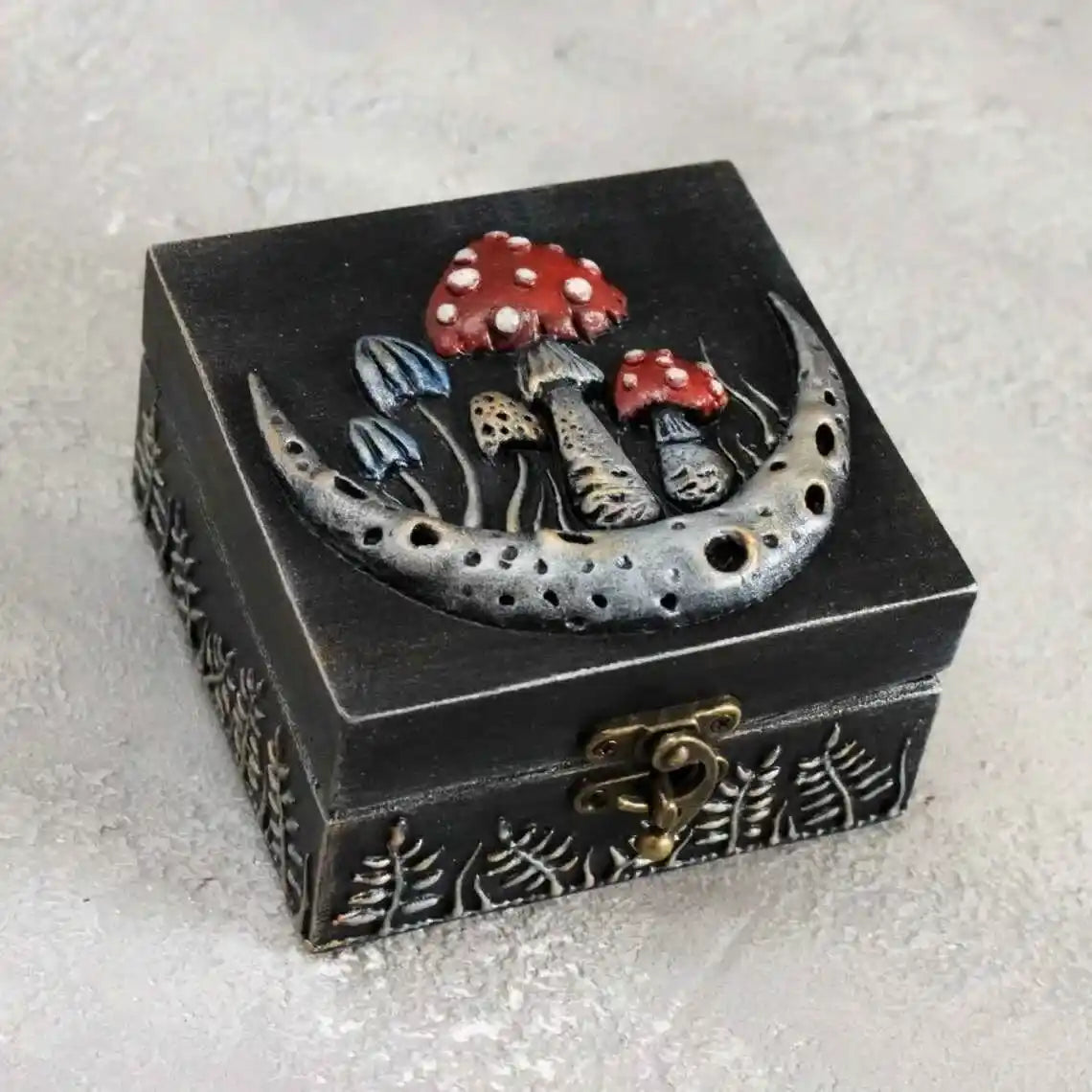 crescent moon and fly agaric wooden witches box