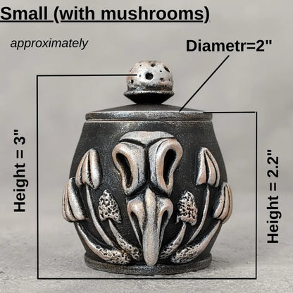 crow skull with mushrooms wooden pot with small lid