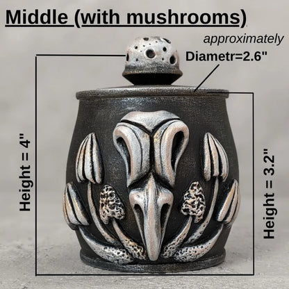 crow skull with mushrooms wooden pot with lid medium size