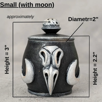 crow skull wooden pot with lid small