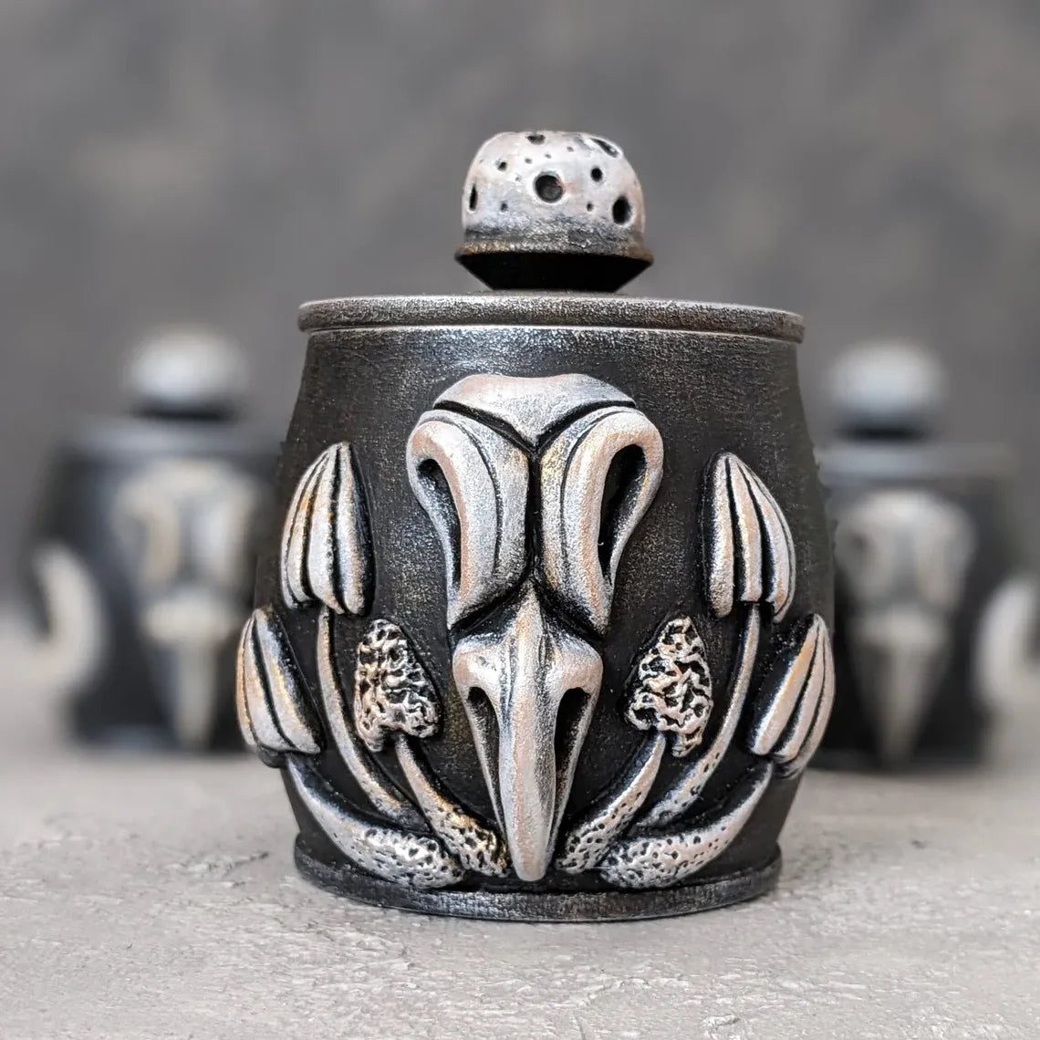 crow skull with mushrooms wooden pot with lid collection