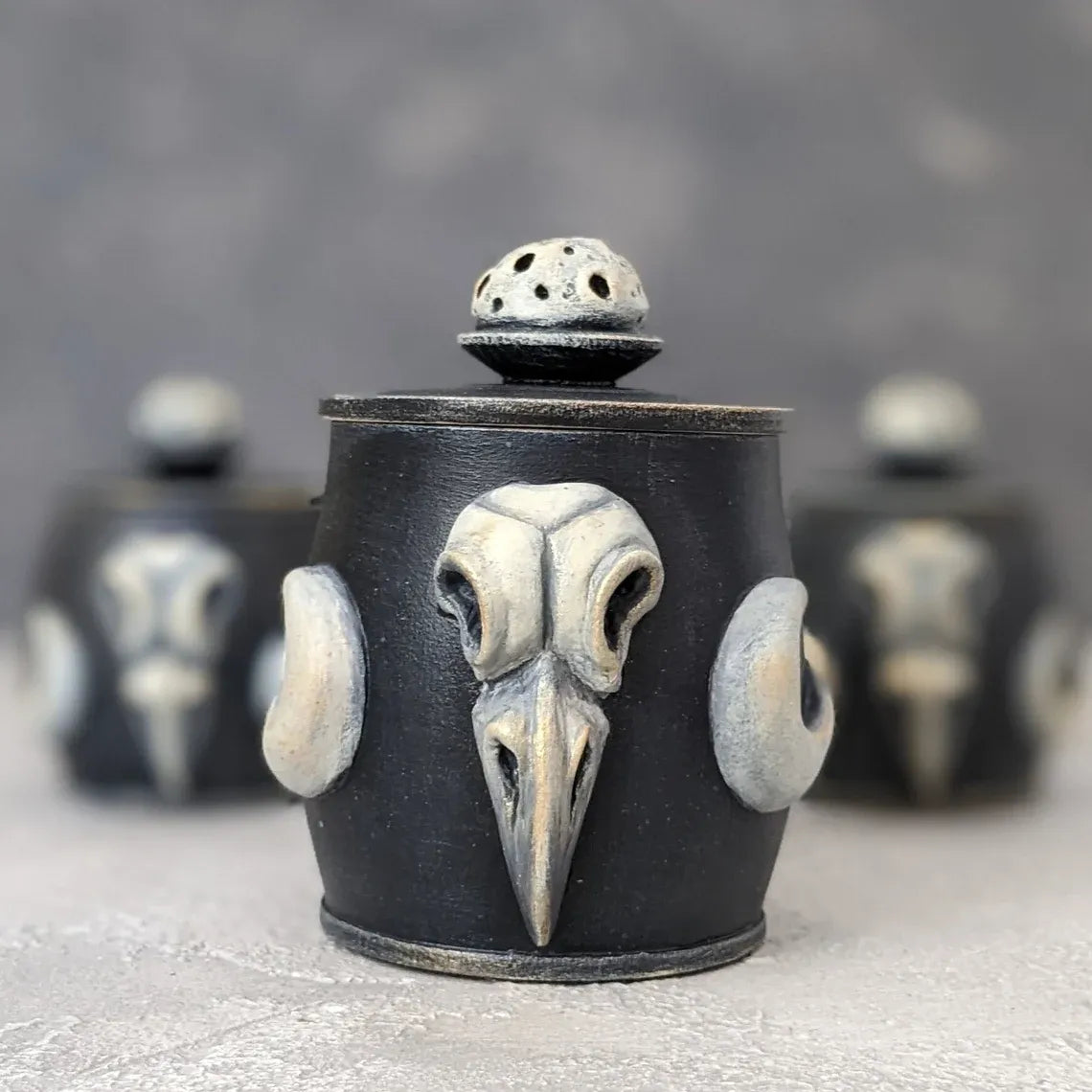 crow skull wooden pot with lid collection