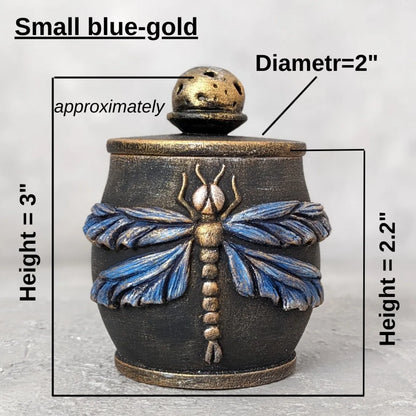 dragonfly charm wooden pot with lid blue small