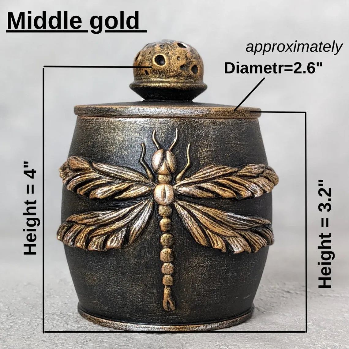 dragonfly charm wooden pot with gold lid dimensions