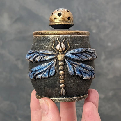 dragonfly charm wooden pot with lid in hand