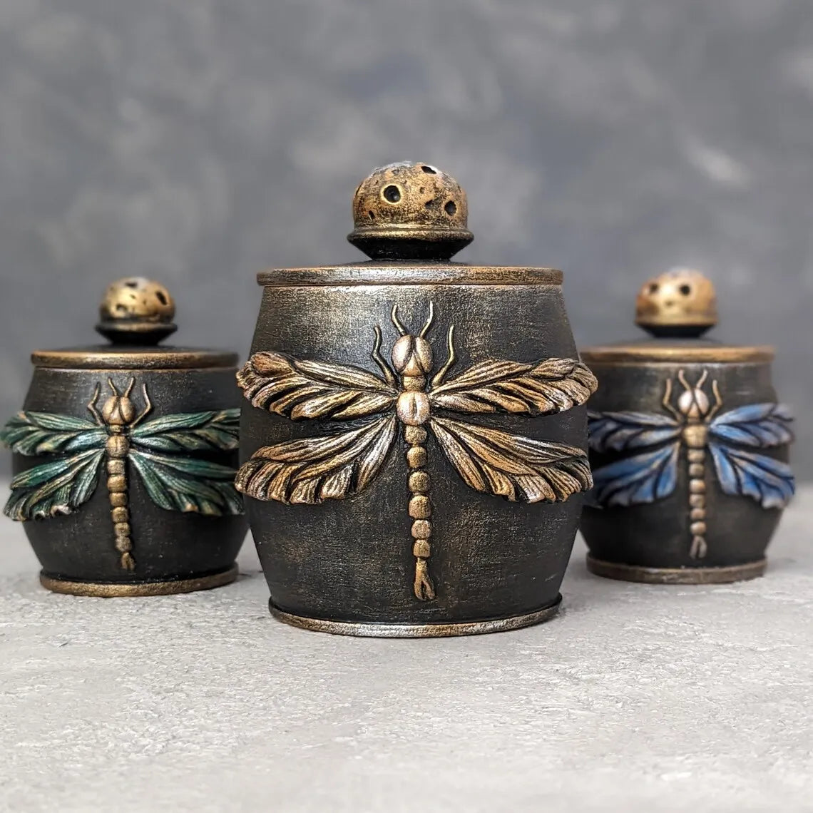 dragonfly charm wooden pot with lid collection close up