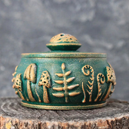 emerald forest meadow wooden pot with a lid on a stump