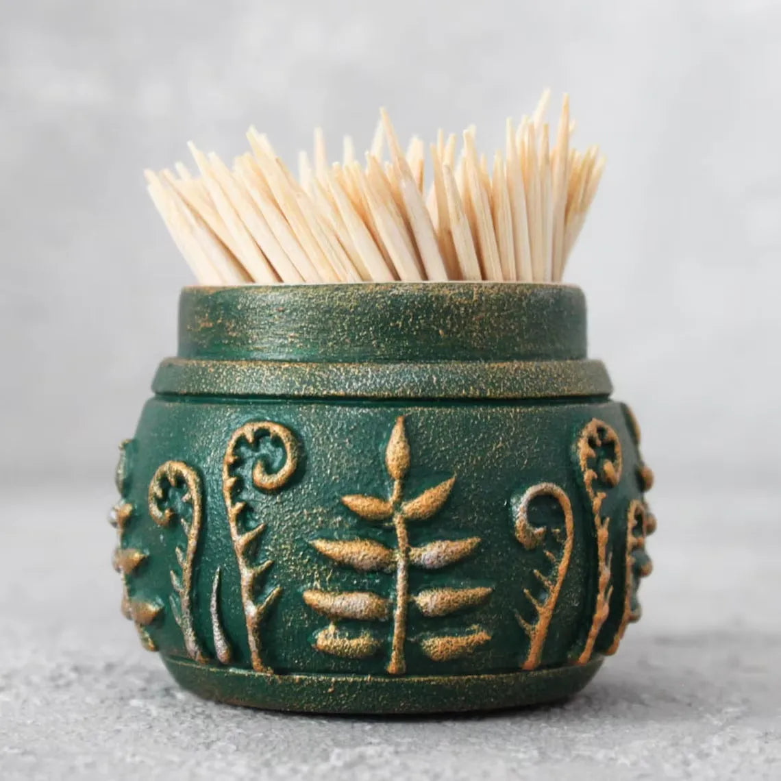 emerald magic small wooden pot with lid filled with toothpicks