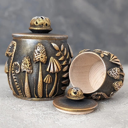 Enchanted forest glade: wooden pot with lid