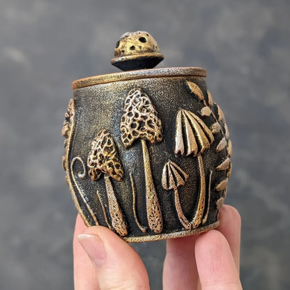 enchanted forest glade wooden pot with lid in hand