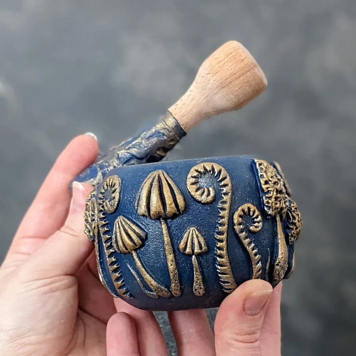 Enchanted Woodland: blue wooden pestle and mortar