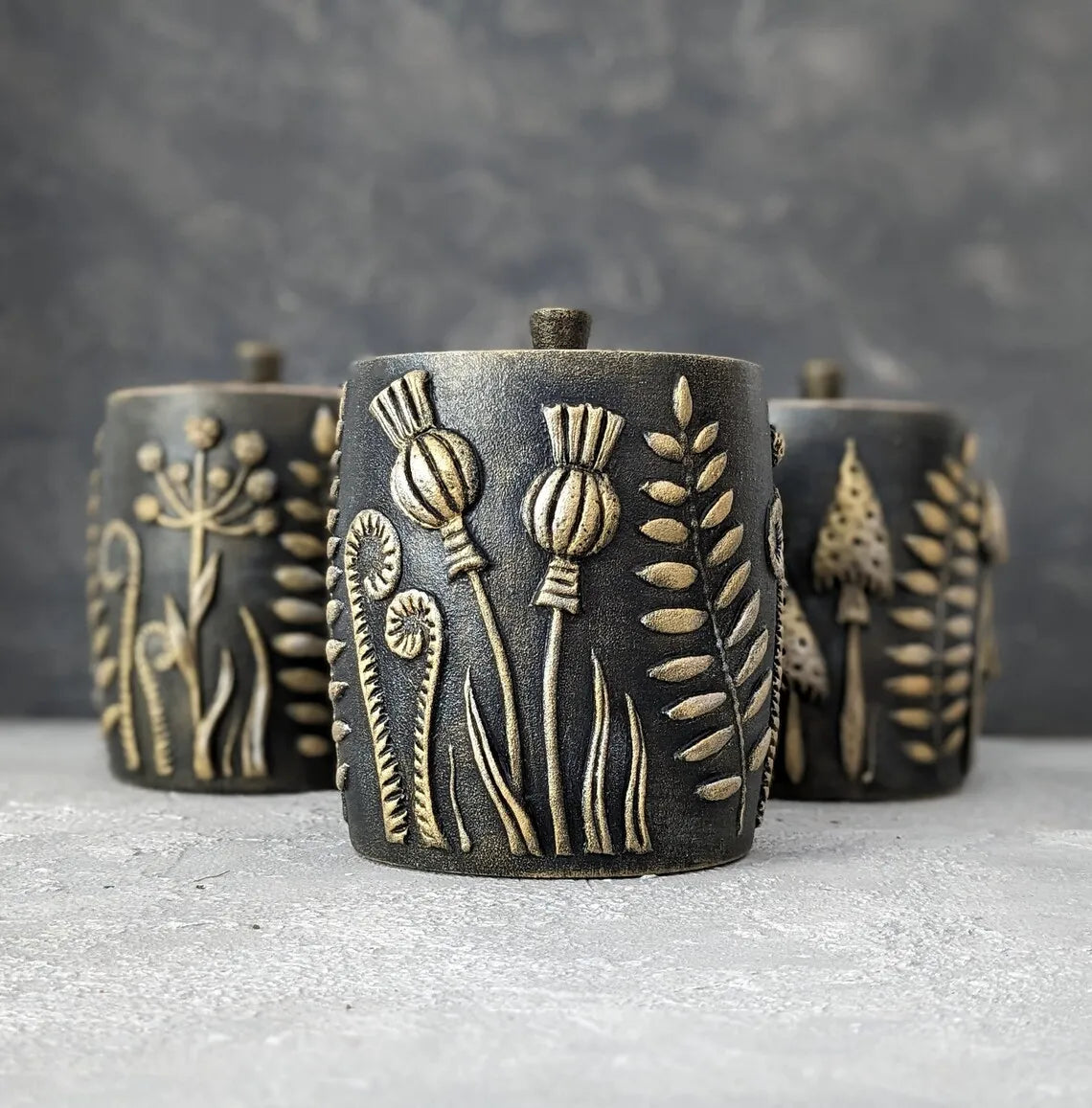 enchanted forest: wooden pot with lid collection of 3 pots