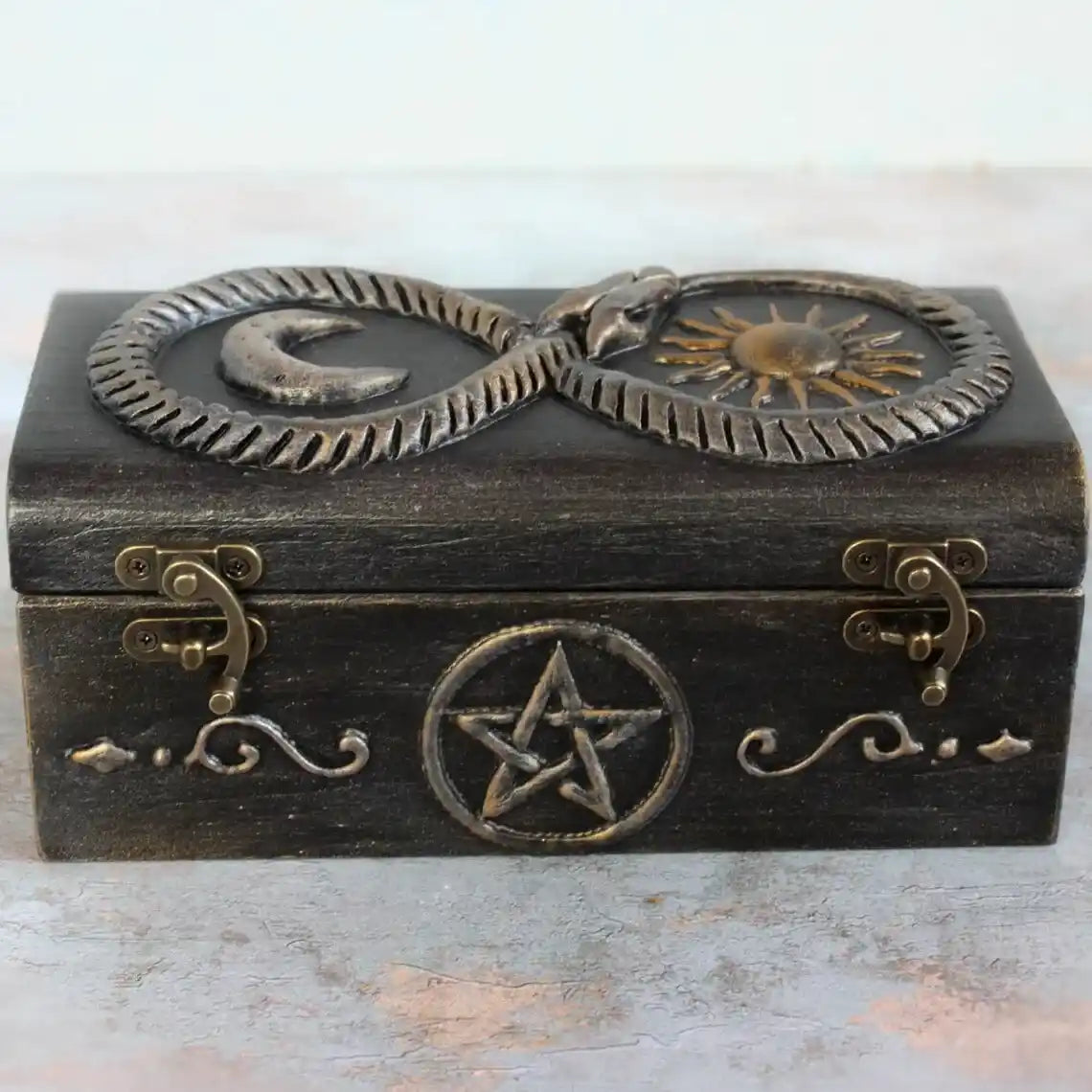 eternal serpent enchanted wooden witches box close up view