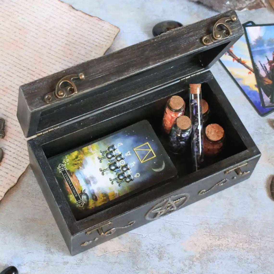 eternal serpent enchanted wooden witches box open with tarot cards