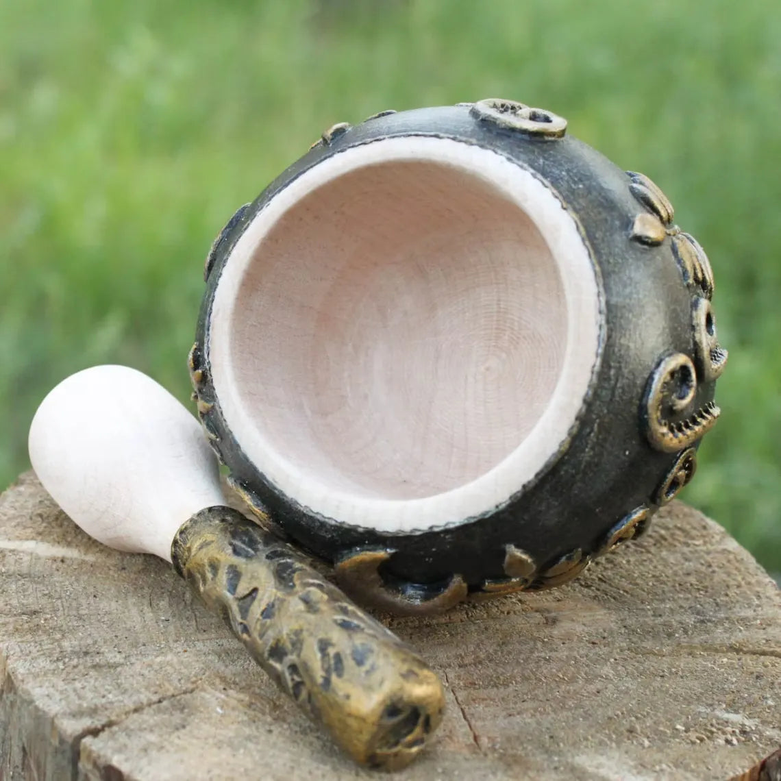 forest fern wooden mortar and pestle on the side