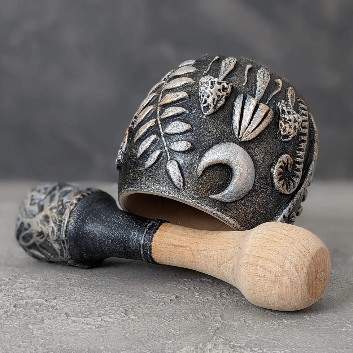 forest herbs and mushrooms under the moon wooden mortar and pestle upside down