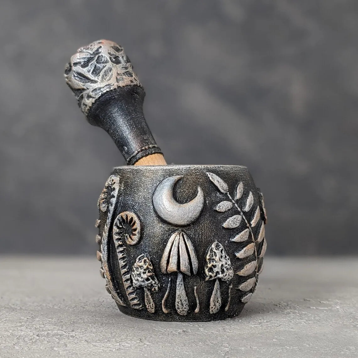 forest herbs and mushrooms under the moon wooden mortar and pestle