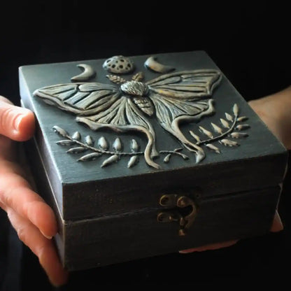 luna moth enchanting wooden witches box in hands