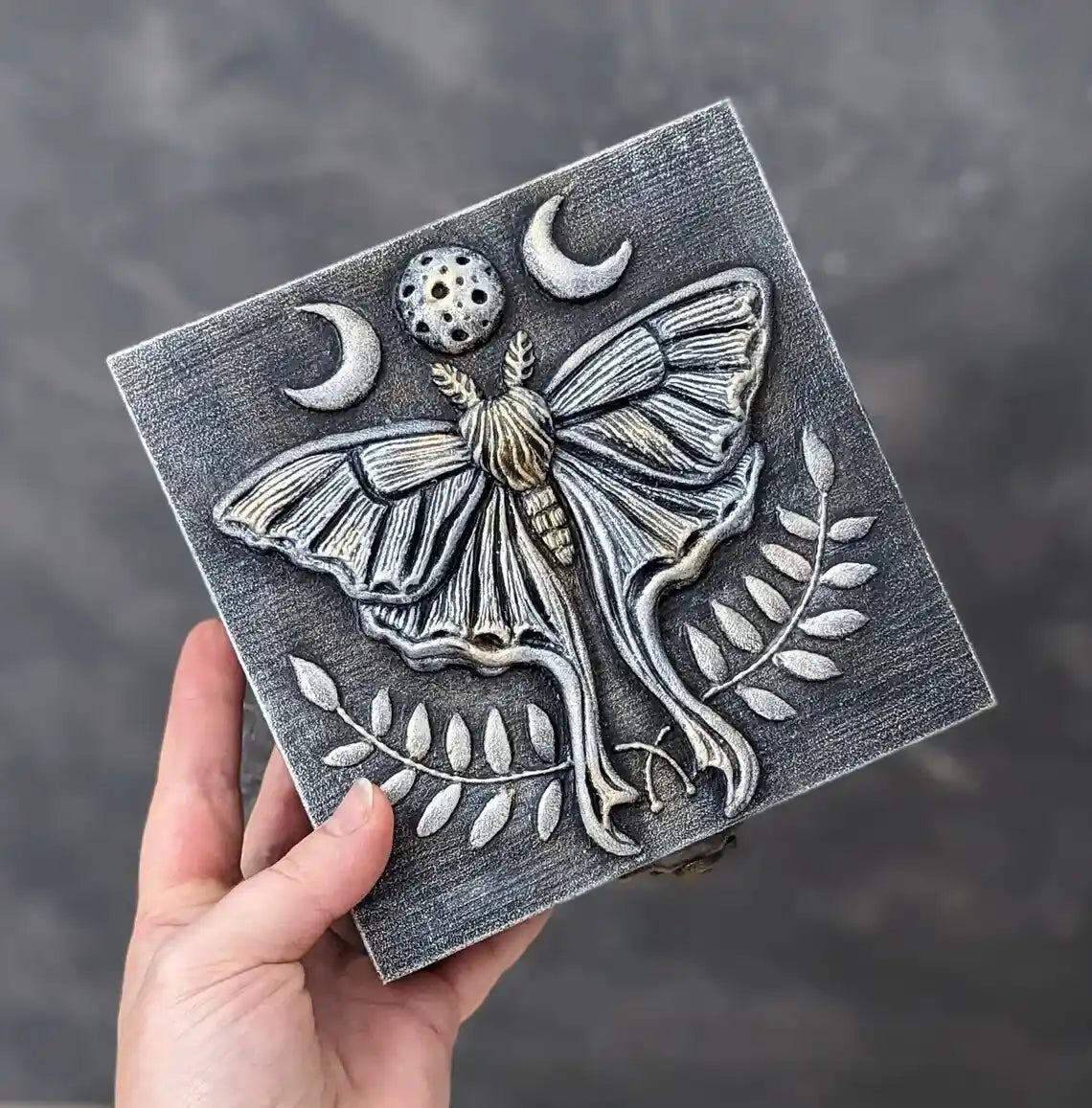 luna moth enchanting wooden witches box in hand