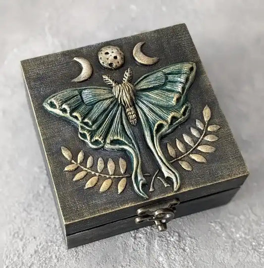 luna moth enchanting wooden witches box top view