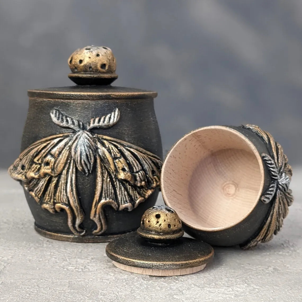 moon moth wooden pot with lid 