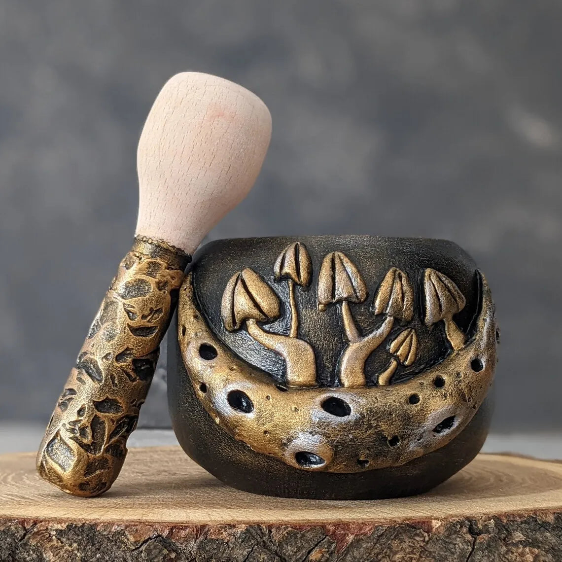 mushroom and moon wooden mortar and pestle front view