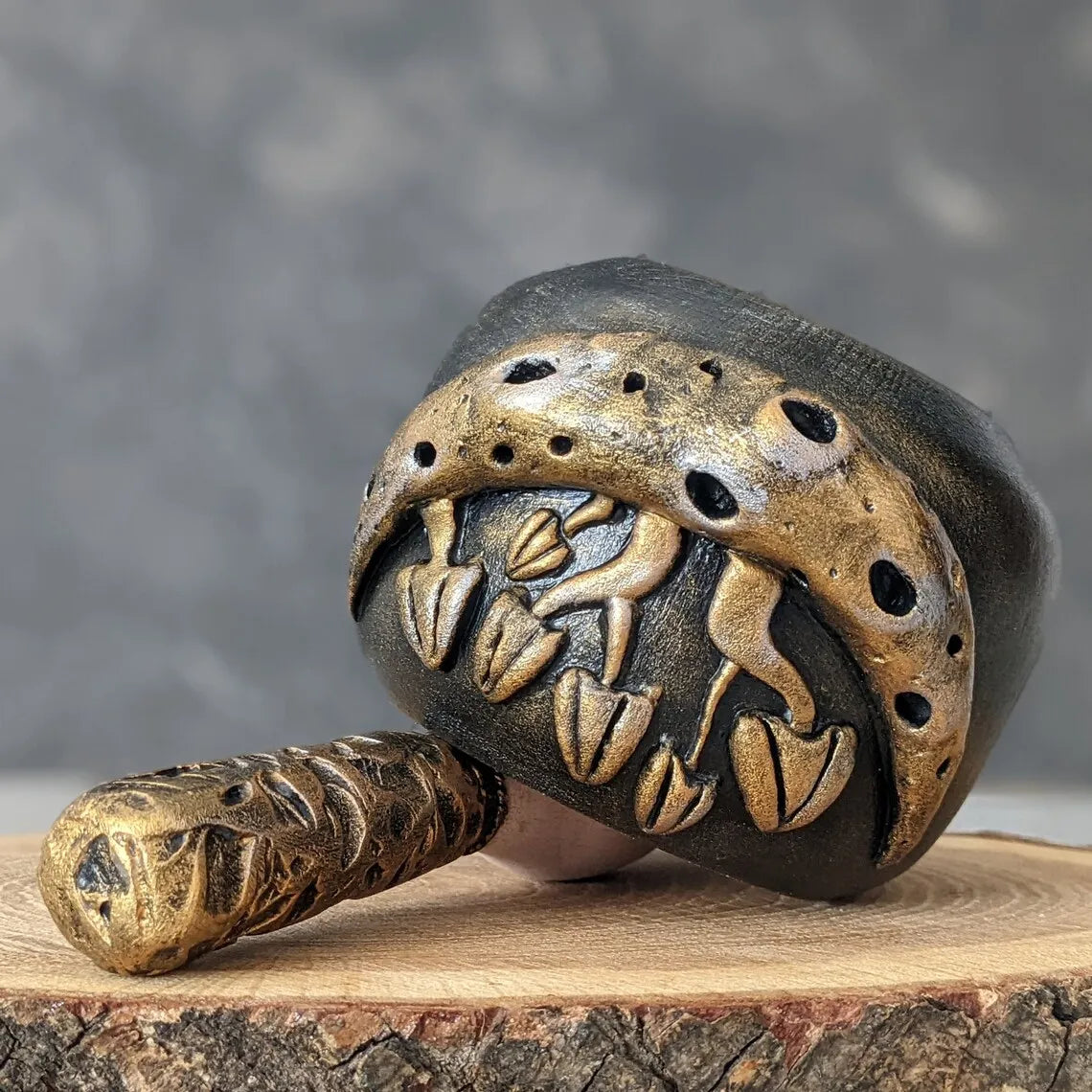 mushroom and moon wooden mortar and pestle upside down