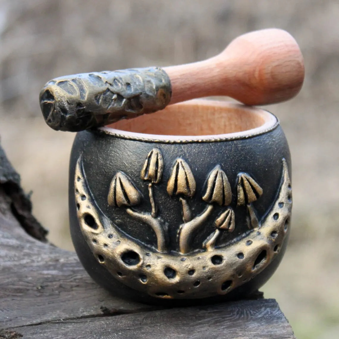 mushroom and moon, wooden mortar and pestle  