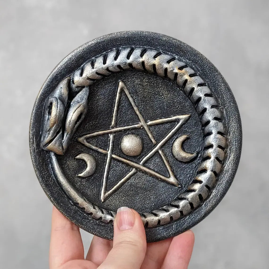 ouroboros pentagram altar pentacle plate silver black