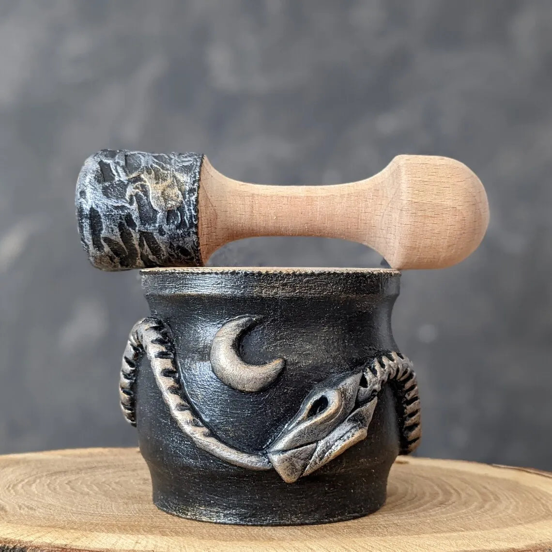 ouroboros wooden mortar and pestle silver black