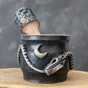 ouroboros wooden mortar and pestle silver black middle view