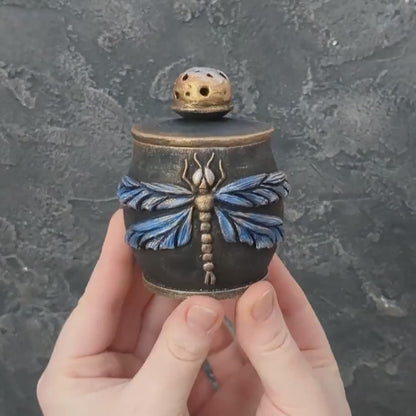 Dragonfly enchantment: wooden pot with lid