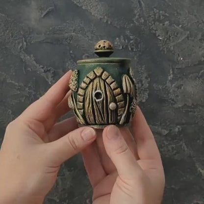 Witch's Door: emerald wooden pot with lid