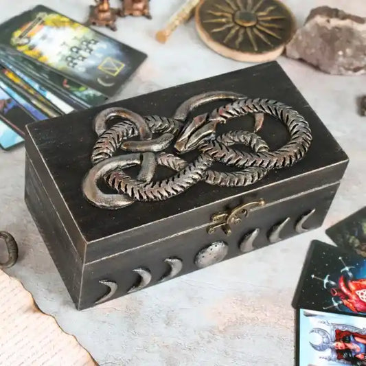 serpentine magic jormungandr wooden witches box side view with tarot cards