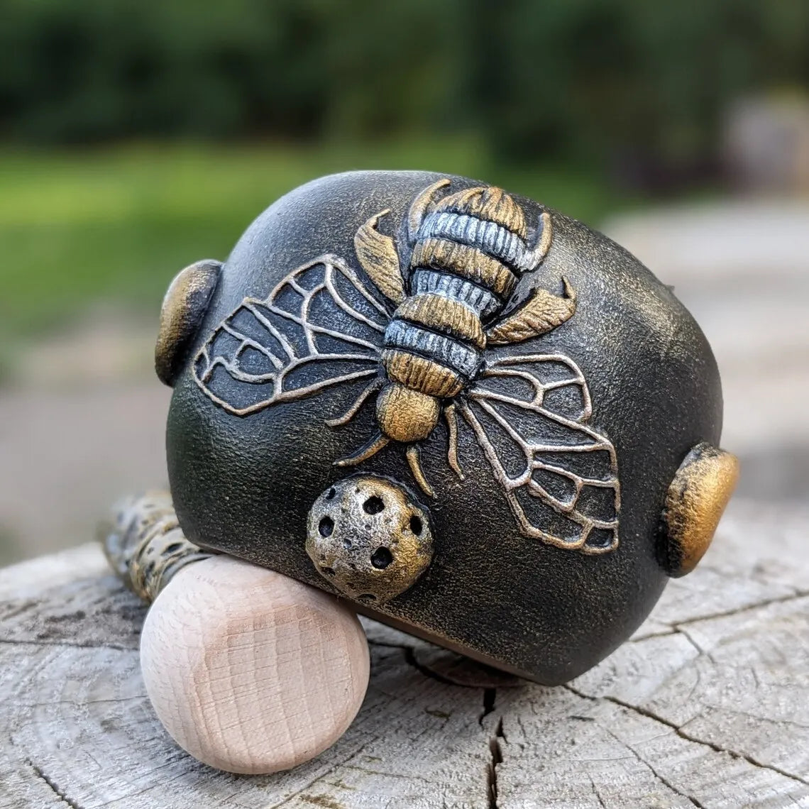 witch bee wooden mortar and queen upside down