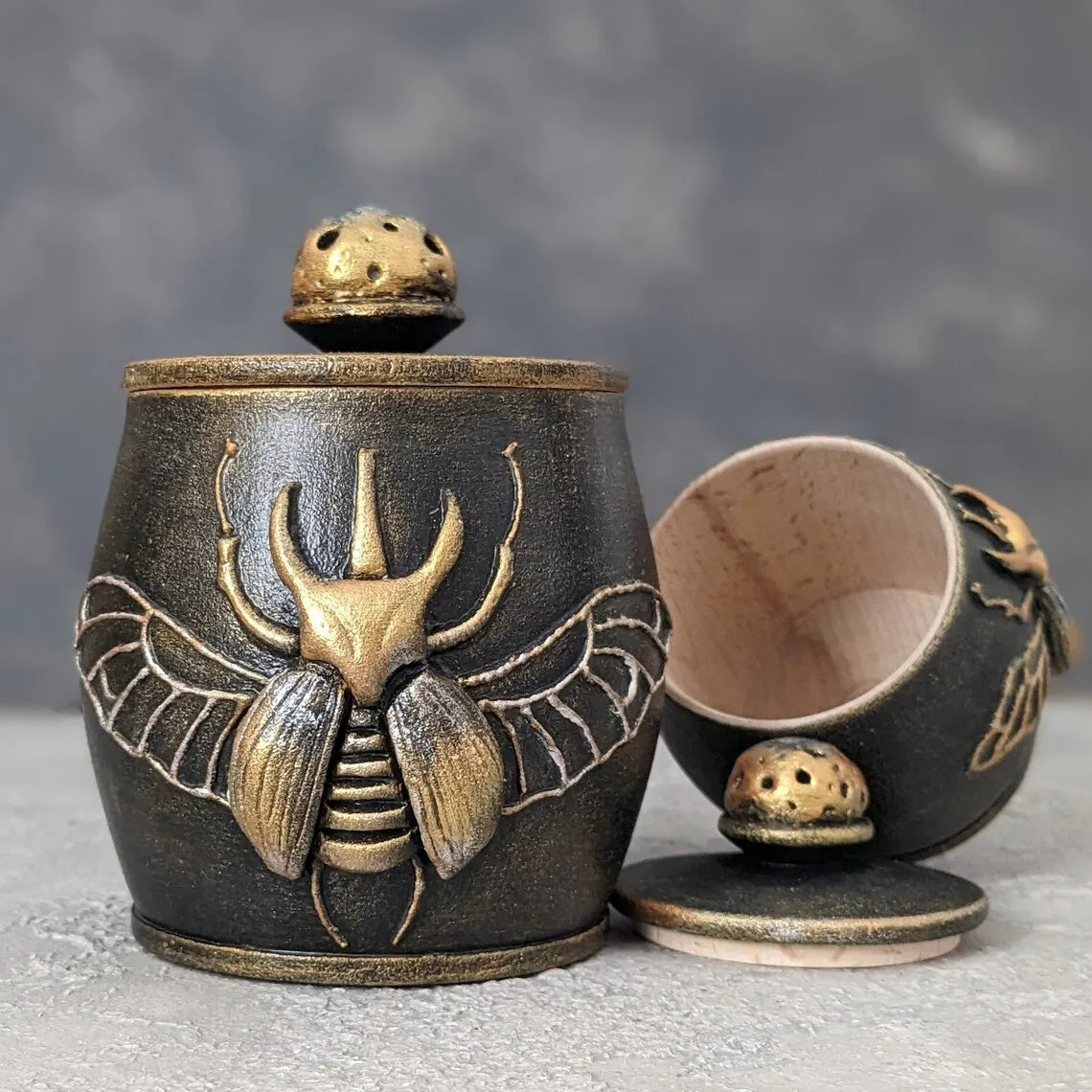 witch beetle wooden pot with lid medium and small